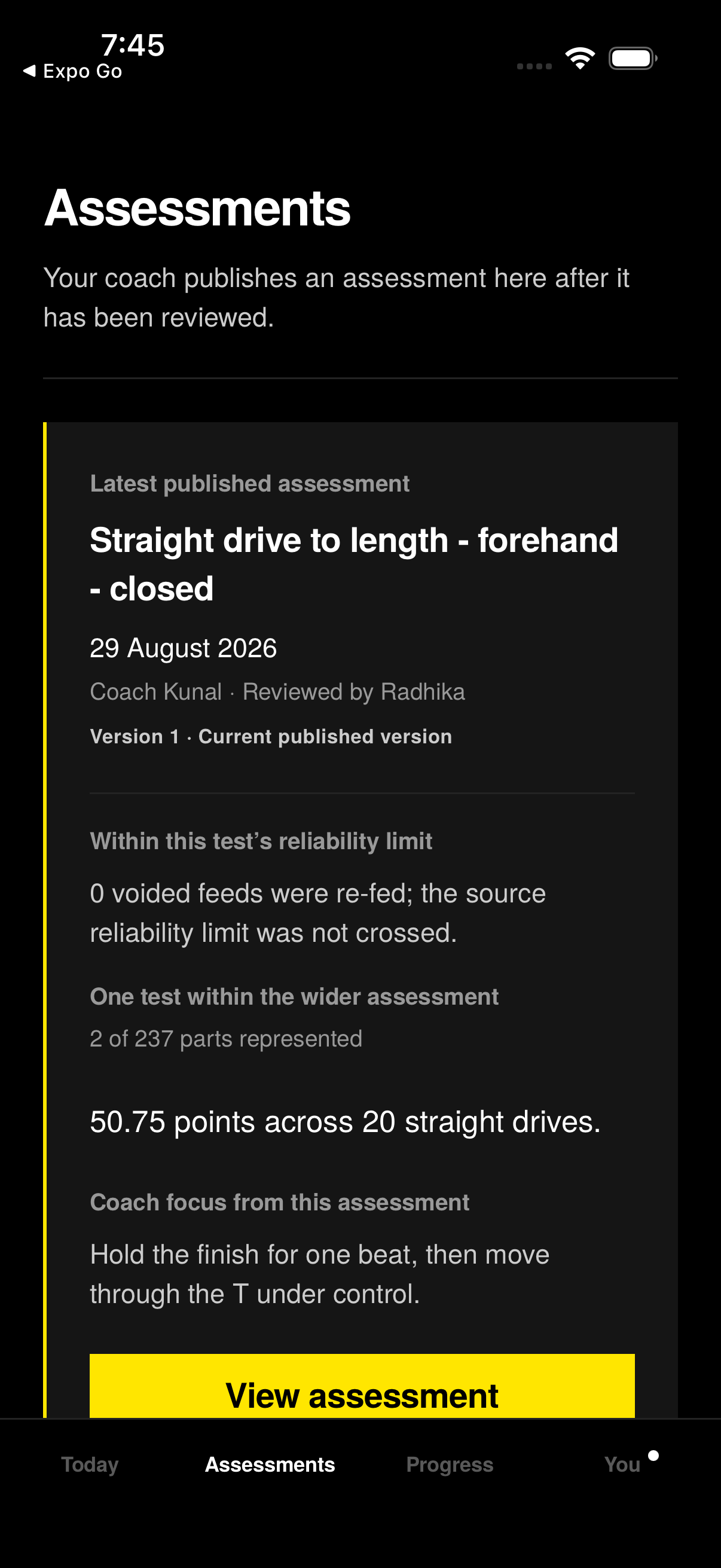 Black and Yellow app: a published squash assessment and the coach’s feedback