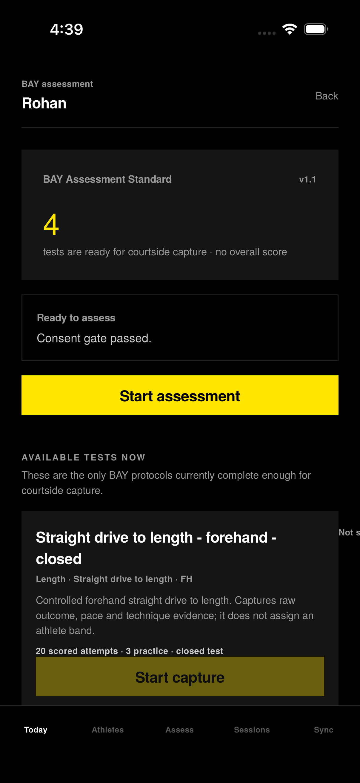 BAY Coach app showing four court-side tests ready for an athlete assessment
