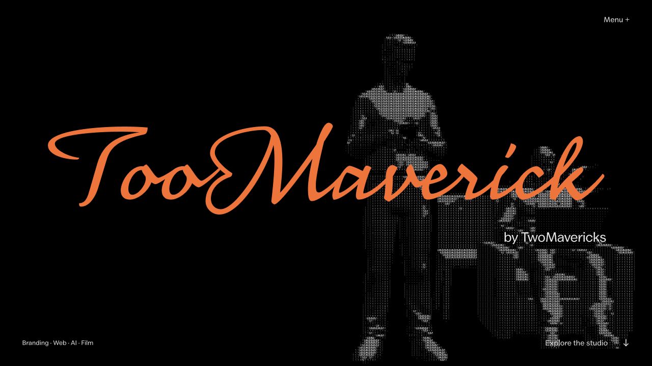 Toomaverick’s website, with its orange wordmark and typographic portrait